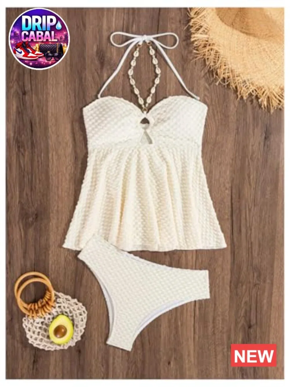 Two Piece Halter Tankini Swimsuit Textured Ring Linked High Stretch Beachwear